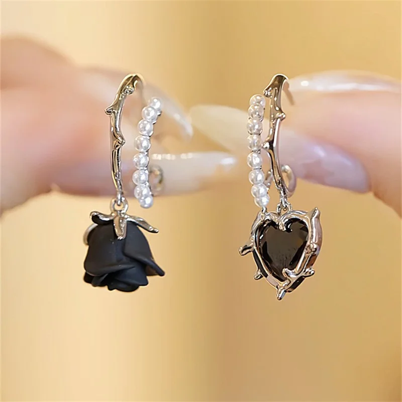 Top Trends: Vintage Asymmetric Black Rose Heart Drop Earrings For Women Delicate Luxury Zircon Butterfly Pearl Earring Girls Party Jewelry Shoppable Styles