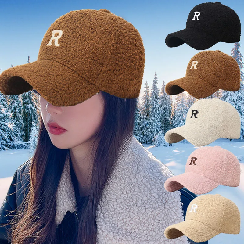 Top Trends: R Label Baseball Caps Faux Fur Autumn Winter Hats Adjustable Unisex Baseball Cap Women Men Sun Hat All-match Plush Hip-hop Hat Shoppable Styles