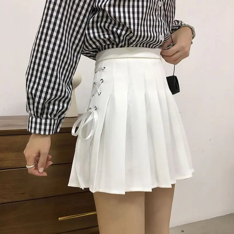 Top Trends: Spring Summer New High Waist Lacing Pleated Skirt Solid All-match Academy Style A-line Short Skirt Fashion Sweet Women Clothing Shoppable Styles