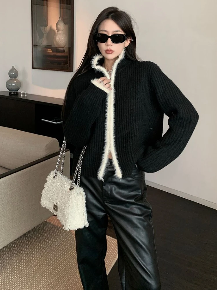 Top Trends: Deeptown Vintage Zipper Knitted Cardigan Women Y2K Old Money Oversized Cropped Sweater Korean Luxury Contrast Autumn Outerwear Shoppable Styles