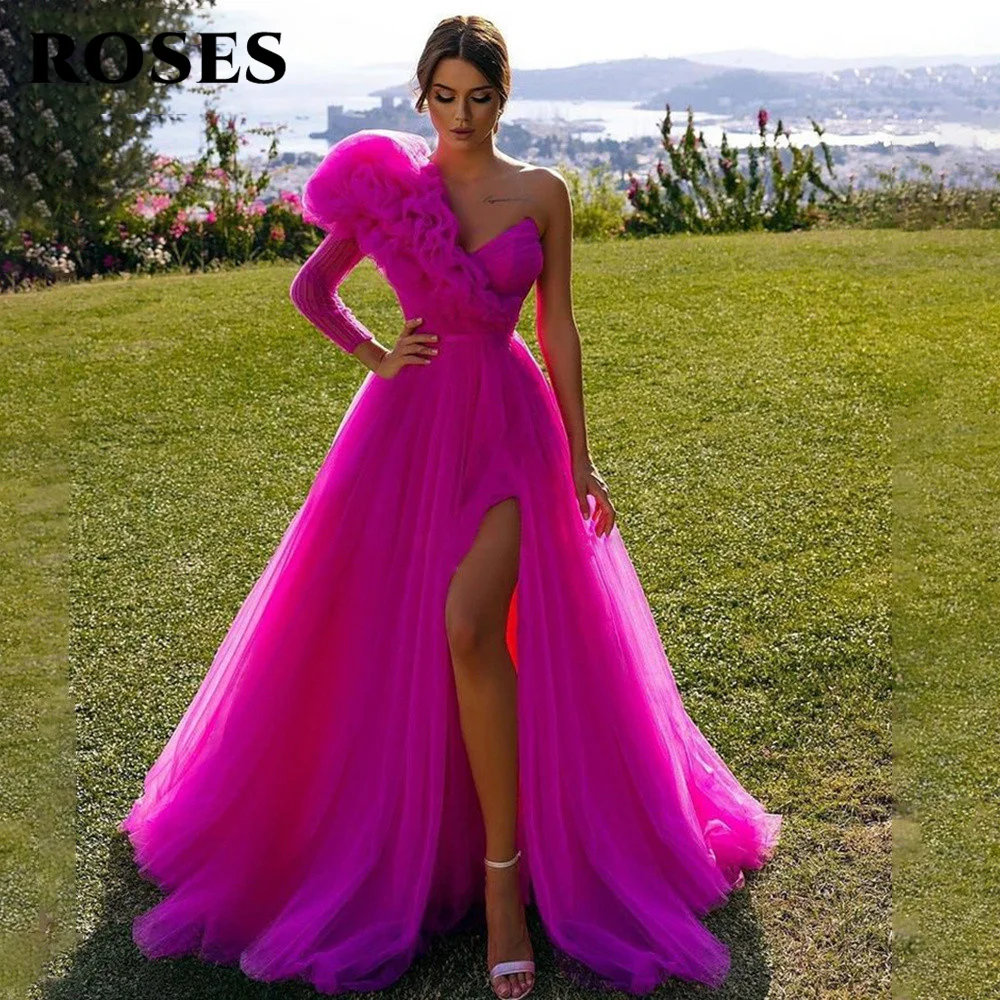 Top Trends: Fuchsia Evening Dress Vestidos De Fiesta One Sleeve Leg Slit Prom Dress A Line Robe De Soirée Chic Et élégante فساتين السهرة Shoppable Styles