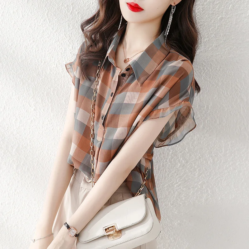 Top Trends: Fashion Plaid Printed Lapel Button Short Sleeve Chiffon Blouse Summer Plus Size Commute Tops Loose Casual Women Clothing Shirt Shoppable Styles