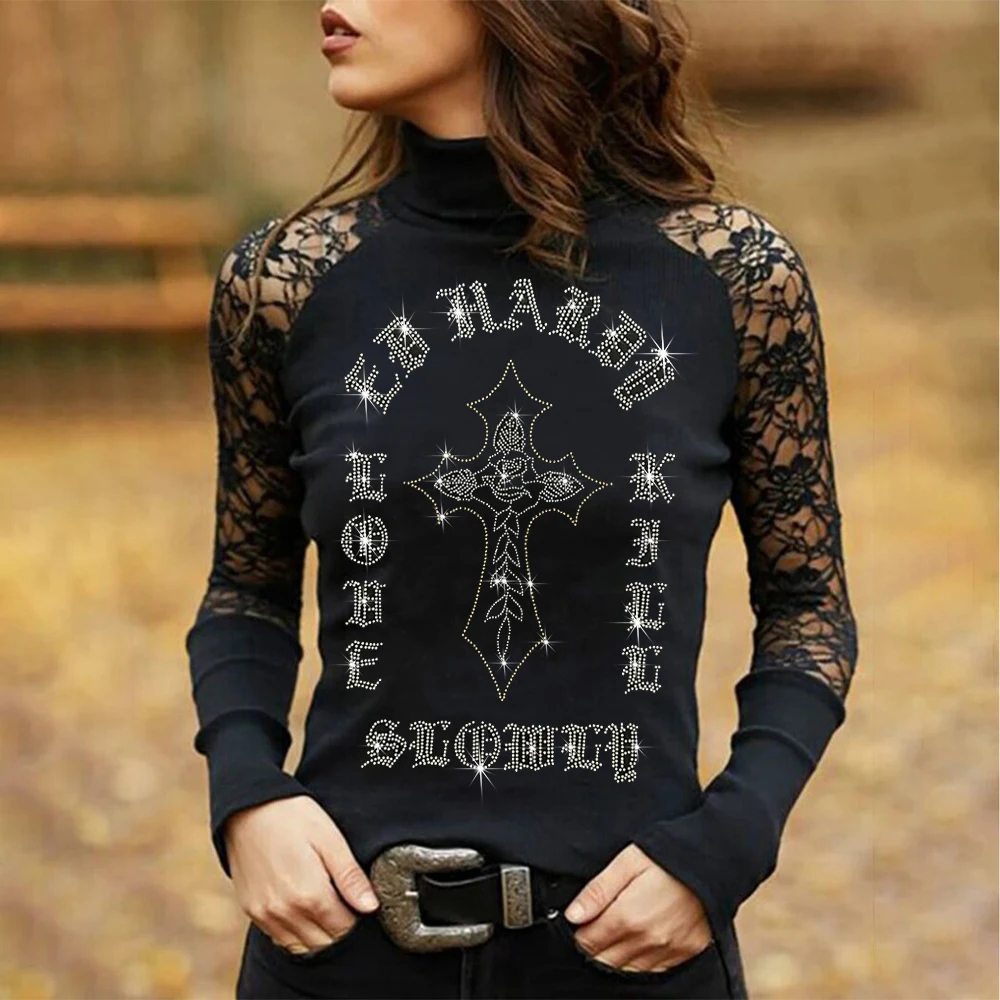 Top Trends: Winter Cross Hot Drill Print Ladies T-Shirt Fashion Solid Lace Sexy Women TShirt Y2k Gothic Tee Long Sleeve Street Clothing Tops Shoppable Styles