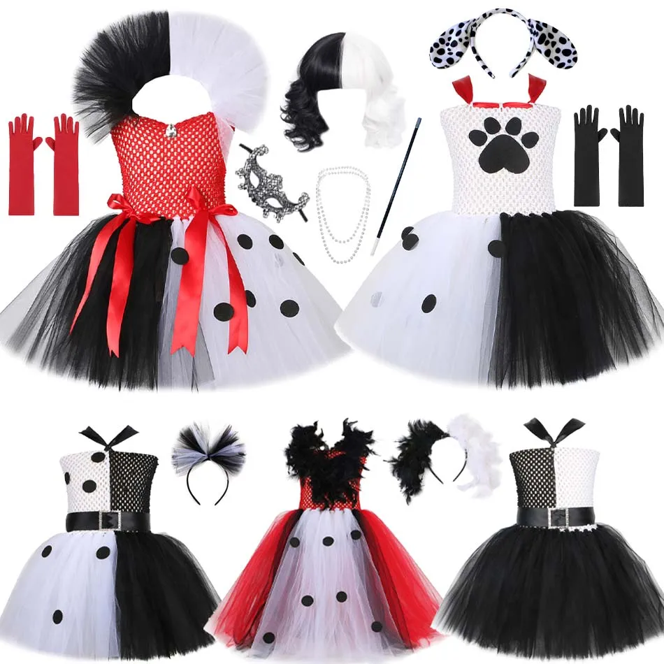 Top Trends: 2023 Halloween Children Cruella Tulle Dress Costume Party Girls Black White Carnival Kids Cruella Wig Lace Mask Suit Clothes Shoppable Styles