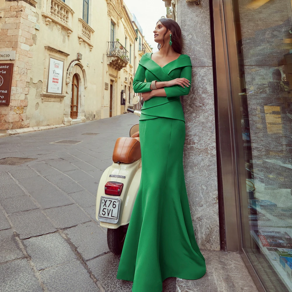 Top Trends: Simple Green Mermaid Mother Of The Bride Dresses V Neck Long Sleeves Wedding Party Gowns Pleat Floor-Length 2024 فستان سهرة Shoppable Styles