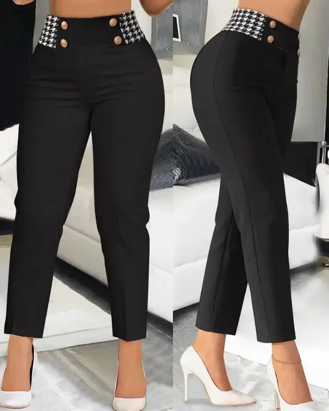 Top Trends: Elegant Women Pants 2023 Summer Fashion Houndstooth Print Button High Waist Skinny Work Pants Office Lady Trousers Basic Clothes Shoppable Styles