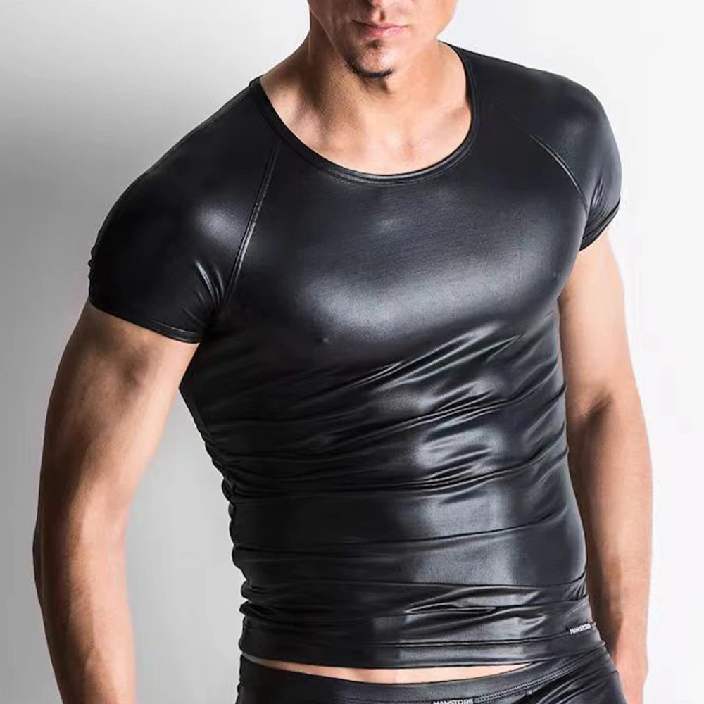 Top Trends: Men Faux Leather Tops Stretch Pu Leather Short Sleeve T-shirts Club Slim Bar Stage Performance Tee Shirt Elastic Tops Blouse Shoppable Styles