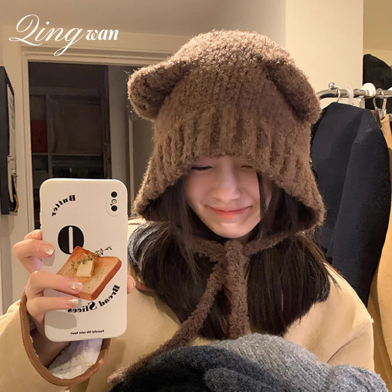 Top Trends: Kpop Winter Cute Little Bear Brown Knitted Warm Beanie Hat Woman Girl Japanese Windproof Warm Ear Protection Wool Pullover Hat Shoppable Styles