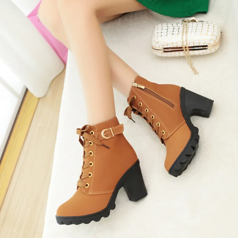 Top Trends: Winter 2023 New High Heeled Women Boots Cross Straps Short Boots Comfortable Waterproof Boots Warm Plus Size 42 Botas Femininas Shoppable Styles