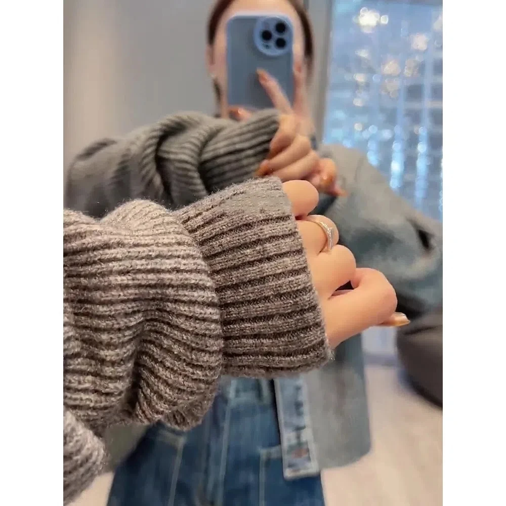 Top Trends: Women Vintage Denim Patchwork Sweater Cardigan Korea Fashion Harajuku Short Knitted Jacket Single Breasted Long Sleeve Knitwear Shoppable Styles - Image 5