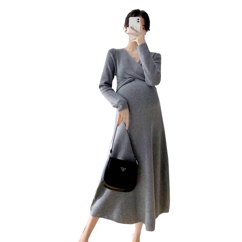 Top Trends: 1885 # Autumn Winter Fashion Knitted Maternity Long Dress Elegant Across V Neck A Line Slim Clothes For Pregnant Women Pregnancy Shoppable Styles