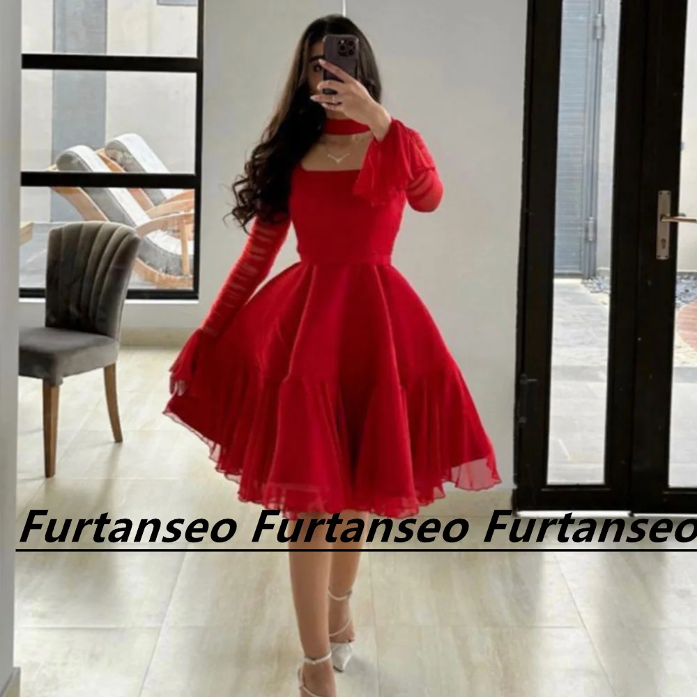 Top Trends: Red Short Dubai Evening Dress Long Sleeve Halter Neck A-Line Cocktail Dresses Saudi Arabian Back Zipper Vestidos Para Mujer Gala Shoppable Styles