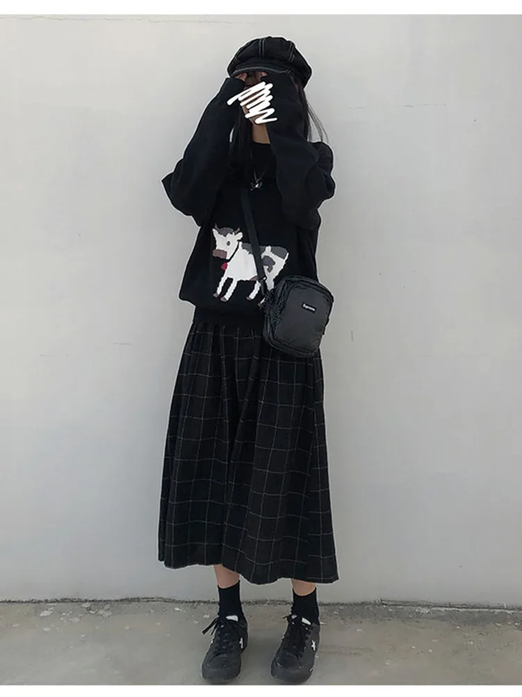 Top Trends: 2 Colors Japanese Style High Elastic Waist Long Skirts Woman 2019 Autumn Winter Plaid A-line Pleated Skirts Womens (X1078) Shoppable Styles