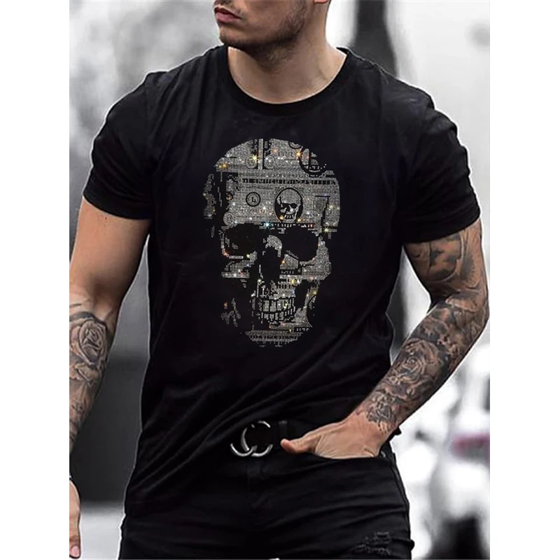 Top Trends: New Men&#039;s Fashion Diamonds T-Shirts Skull Hot Drill Tee Tops Short Sleeve O-Neck Rhinestone Club Men Clothing Tshirt Quality Y2K Shoppable Styles