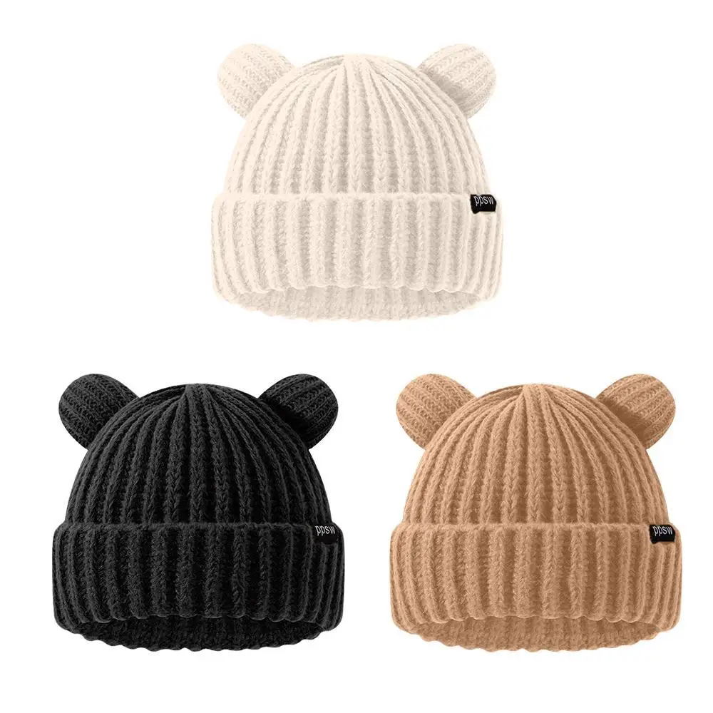 Top Trends: Lovely Bear Ears Knitted Hat Soft Plush Thickened Adult Caps Thickened Wool Outdoor Ear Protection Warm Hat Handmade Beanie Shoppable Styles