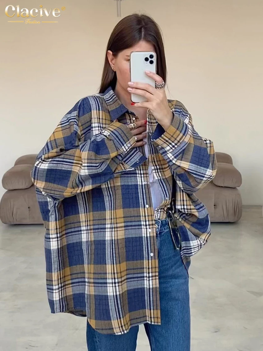 Top Trends: Clacive Fashion Loose Plaid Women&#039;S Blouse 2023 Elegant Lapel Long Sleeve Office Shirts And Blouses Vintage Oversize Top Female Shoppable Styles