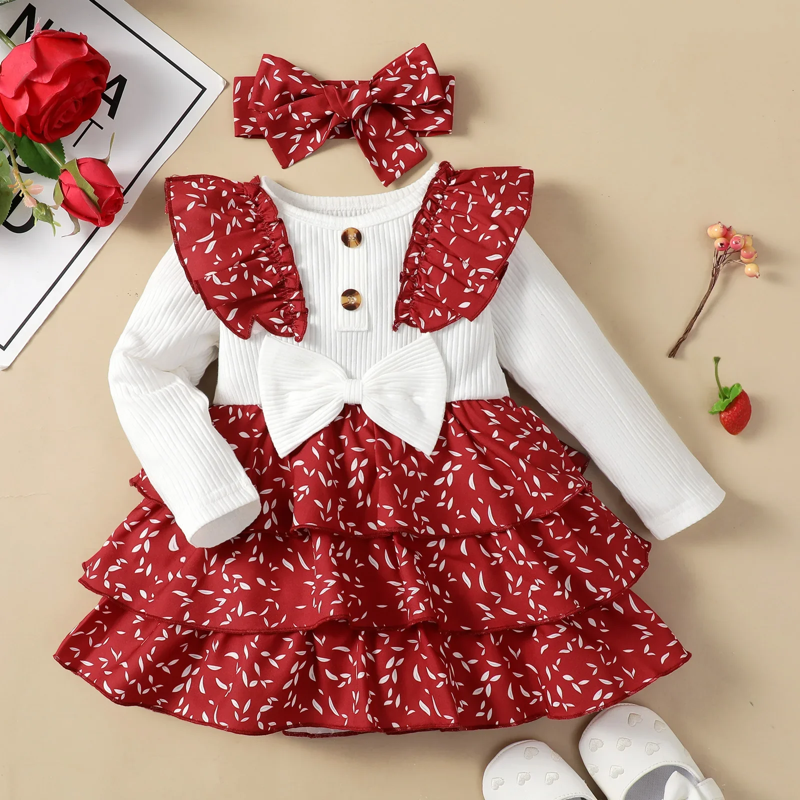 Top Trends: Toddler Baby Girls Print Dress Sweet Baby Long Sleeve Ruffle Patchwork Dress Autumn Infant Princess Dress And Headband Shoppable Styles