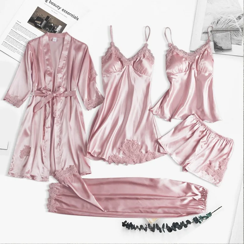 Top Trends: TXii Leepwear Female 5PCS Pajamas Set Satin Pyjamamas Lace Patchwork Bril Wedding Nightwear Rayon Home Wear Nighty&Robe Suit Shoppable Styles