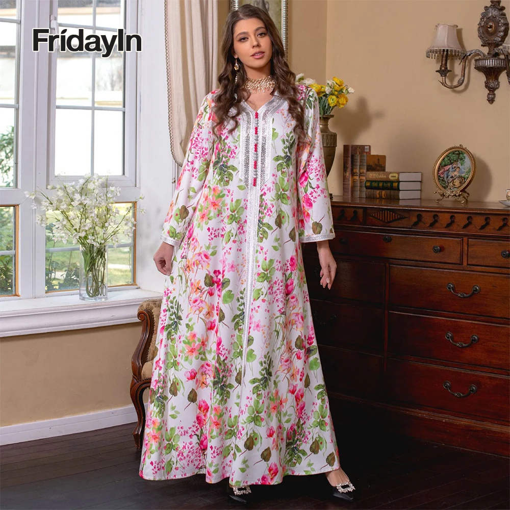 Top Trends: Fridayin Muslim Abaya All Seasons Sweet Party Long Dresses For Women V-neck Printing Color Contrast Snug Skirts Kaftan For Lady Shoppable Styles