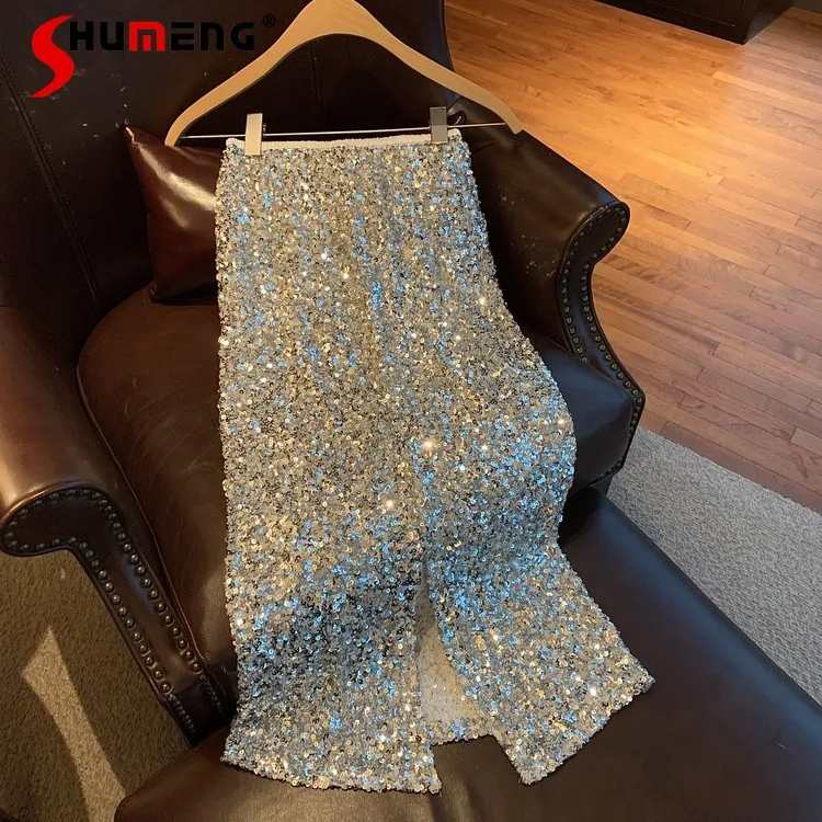 Top Trends: Sequined Sheath Skirt Women's Summer High Waist Slimming Straight Long Skirt Design Pure Desire Hot Girl Shiny Pearl Skirt Shoppable Styles