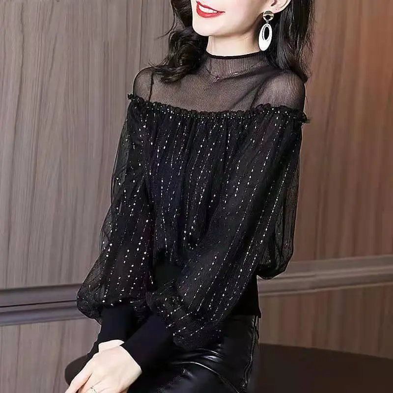 Top Trends: Spring Autumn Elegant Fashion Mesh Spliced Tops Women's Clothing Korean All-match Long Sleeve Solid Bright Silk Tops For Female Shoppable Styles