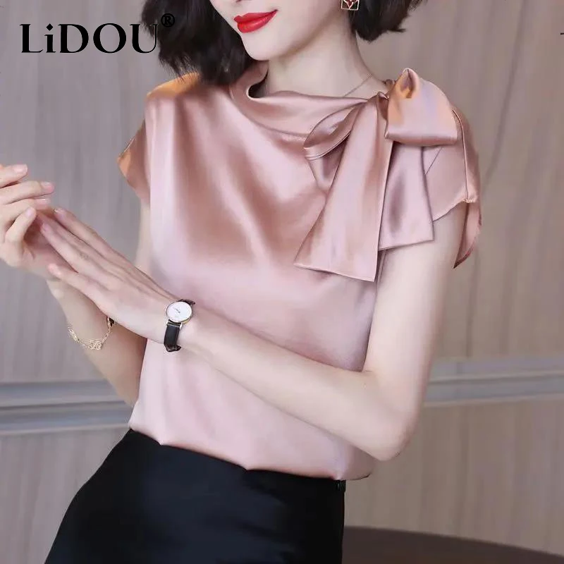 Top Trends: Office Lady Elegant Fashion Bow Satin T-shirt Female Short Sleeve Solid All-match Pullover Tee Women&#039;s Temperament Summer Tops Shoppable Styles