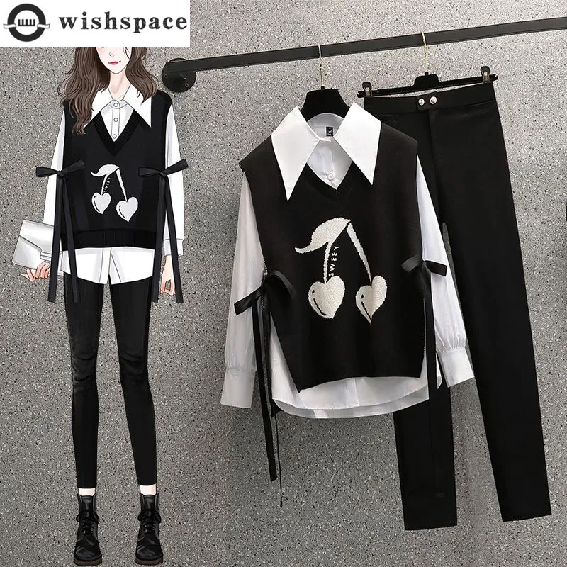 Top Trends: Autumn New White Chiffon Shirt Blouse Knitted Tank Top Small Leggings Three Piece Elegant Women's Pants Set Casual Tracksuits Shoppable Styles