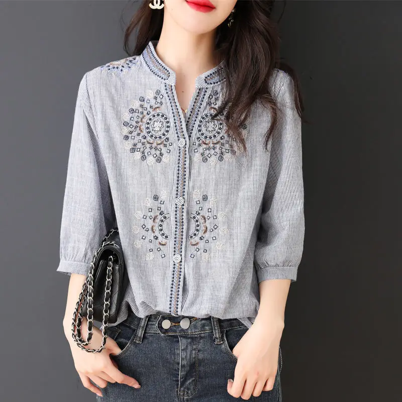 Top Trends: Summer Women Clothing Cotton Striped Shirts Office Lady Fashion Loose Casual 3 / 4 Sleeve Embroidery Chic Versatile Basic Blouses Shoppable Styles