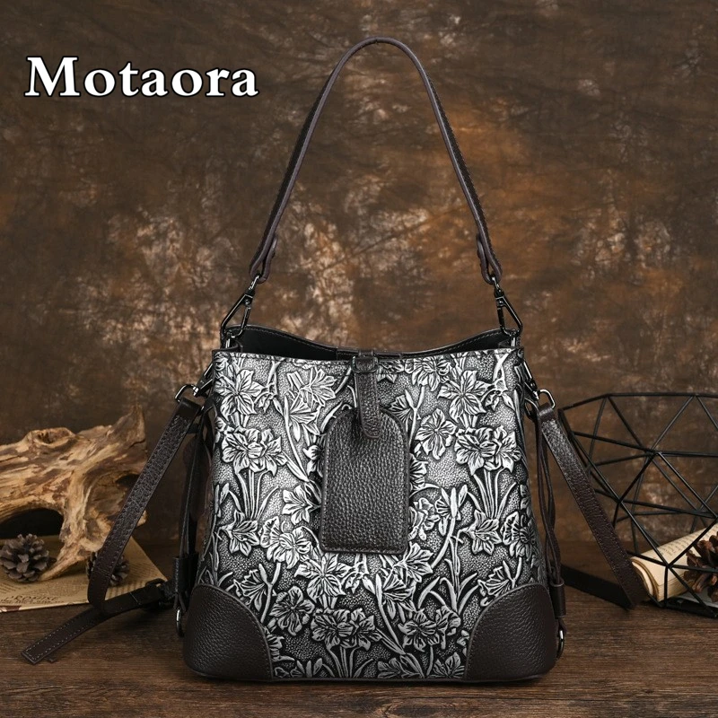 Top Trends: MOTAORA Retro Embossed Genuine Leather Women Shoulder Bucket Bag Luxury Cowhide Handbag Female New Large Capacity Crossbody Bags Shoppable Styles