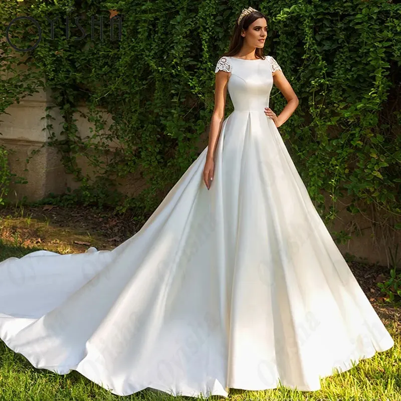 Top Trends: OYISHA Appliques Scoop Sexy Wedding Dresses Satin Cap Sleeves Exquisite Bridal Gown Simple A-Line Lace White Vestido De Mariages Shoppable Styles