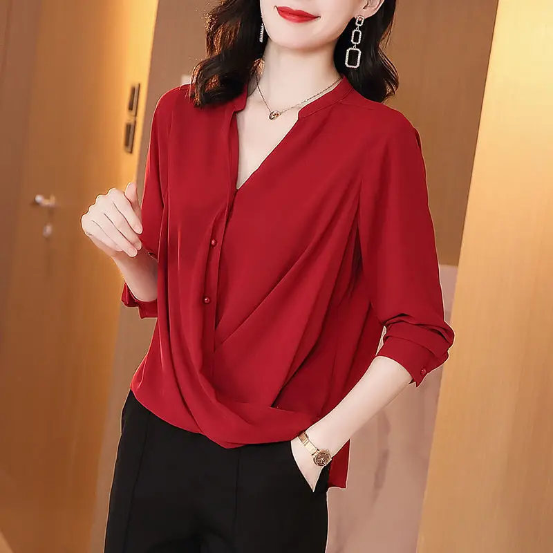 Top Trends: Fashion V-Neck Button Irregular Oversized Chiffon Shirt Loose Office Lady Tops Spring And Summer Elegant Women&#039;s Clothing Blouse Shoppable Styles