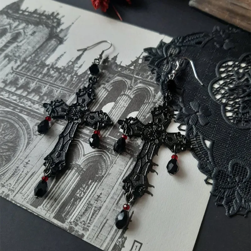 Top Trends: Gothic Black Cross Garnet And Crystal Chandelier Earrings Large Statement Trad Goth Witchy Jewelry Fashion Women Gift Medieval Shoppable Styles