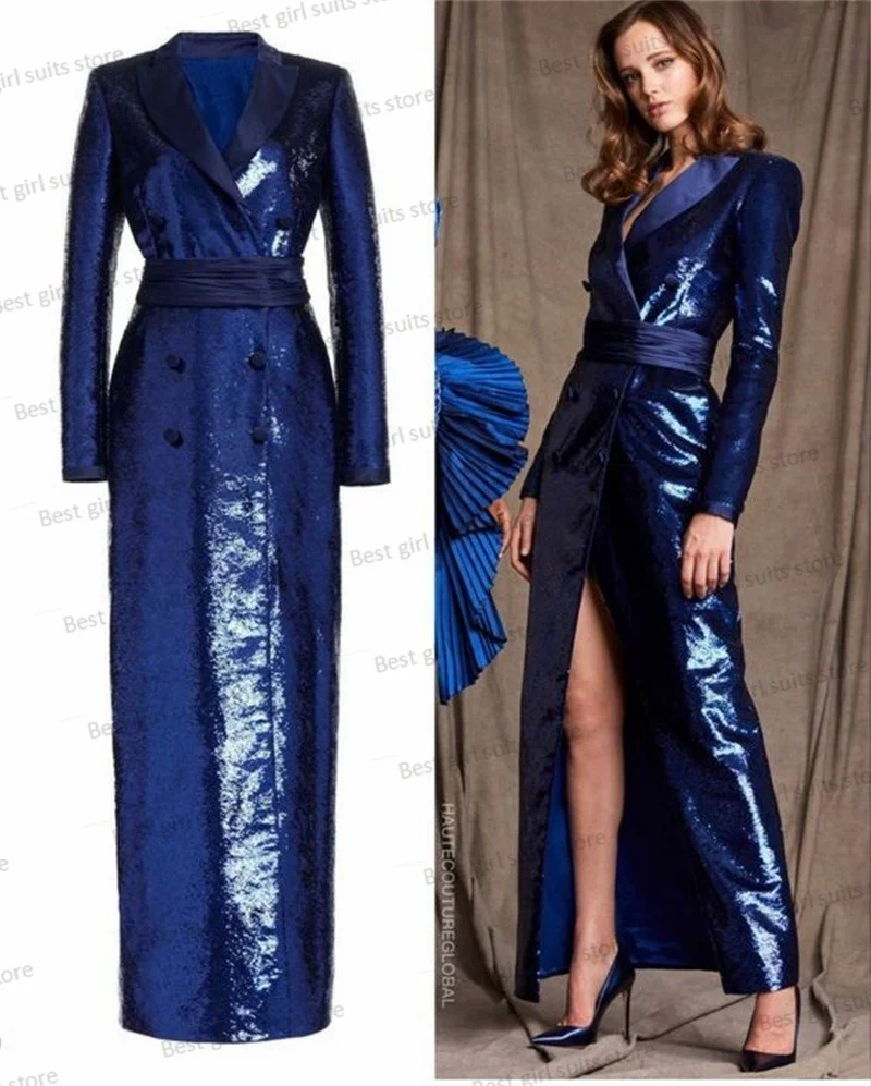 Top Trends: Royal Blue Long Sequins Women Suit Office Blazer Formal Wedding Prom Dress Coat Double Breasted Custom Made Jacket With Belt Shoppable Styles