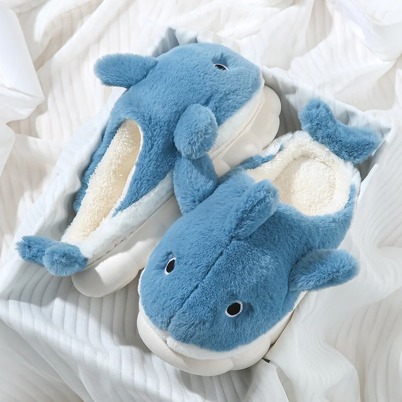 Top Trends: Cute Whale Cotton Home Slippers For Female 2023 Winter Couple Indoor Household Shark Thick Sole Men's Winter Cartoon Slippers Shoppable Styles - Image 2