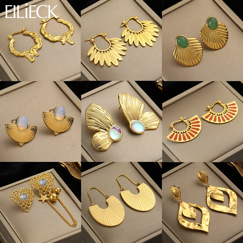 Top Trends: EILIECK 316L Stainless Steel Gold Color Fan Geometric Bohemian Drop Hoop Earrings For Women Charm Ear Pendant Jewelry Party Gift Shoppable Styles