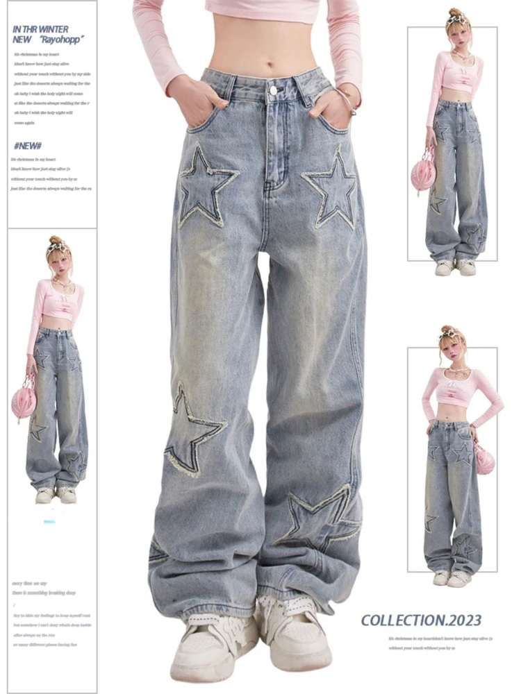 Top Trends: HOUZHOU Y2K 90s Streetwear Star Jeans Women Vintage Distressed Blue Baggy Denim Pants American Retro Wide Trousers Korean Style Shoppable Styles