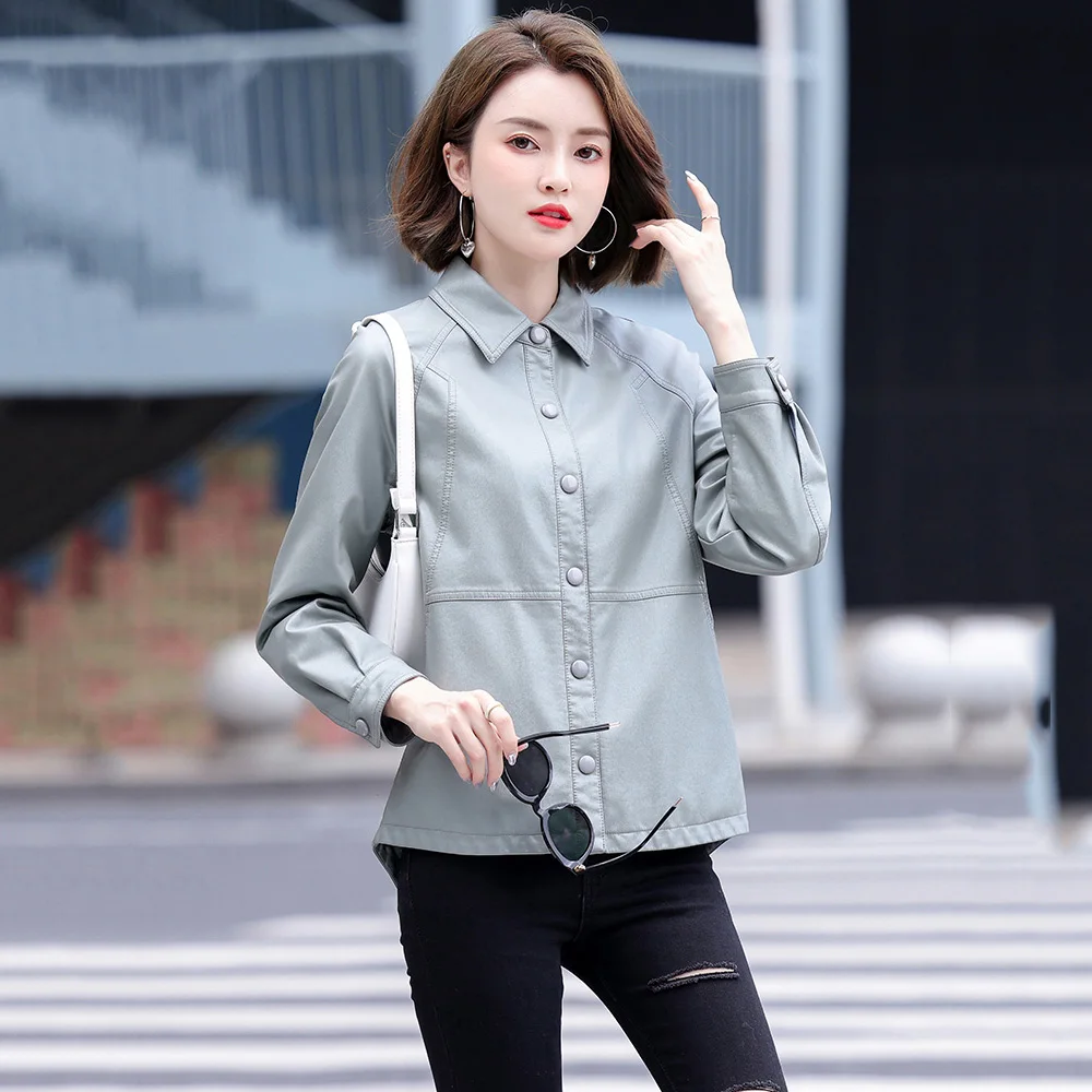 Top Trends: New Women Shirt Style Leather Jacket Spring Autumn Fashion Casual Turn-down Collar Split Leather Tops Coat Loose Outerwear Shoppable Styles