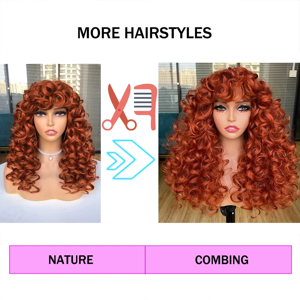 Top Trends: Red Ginger Wig For Women Long Curly Wave Wigs With Bangs Copper Synthetic Wig Natural Cosplay Party Heat Resistant Hair Hihoo Shoppable Styles - Image 5