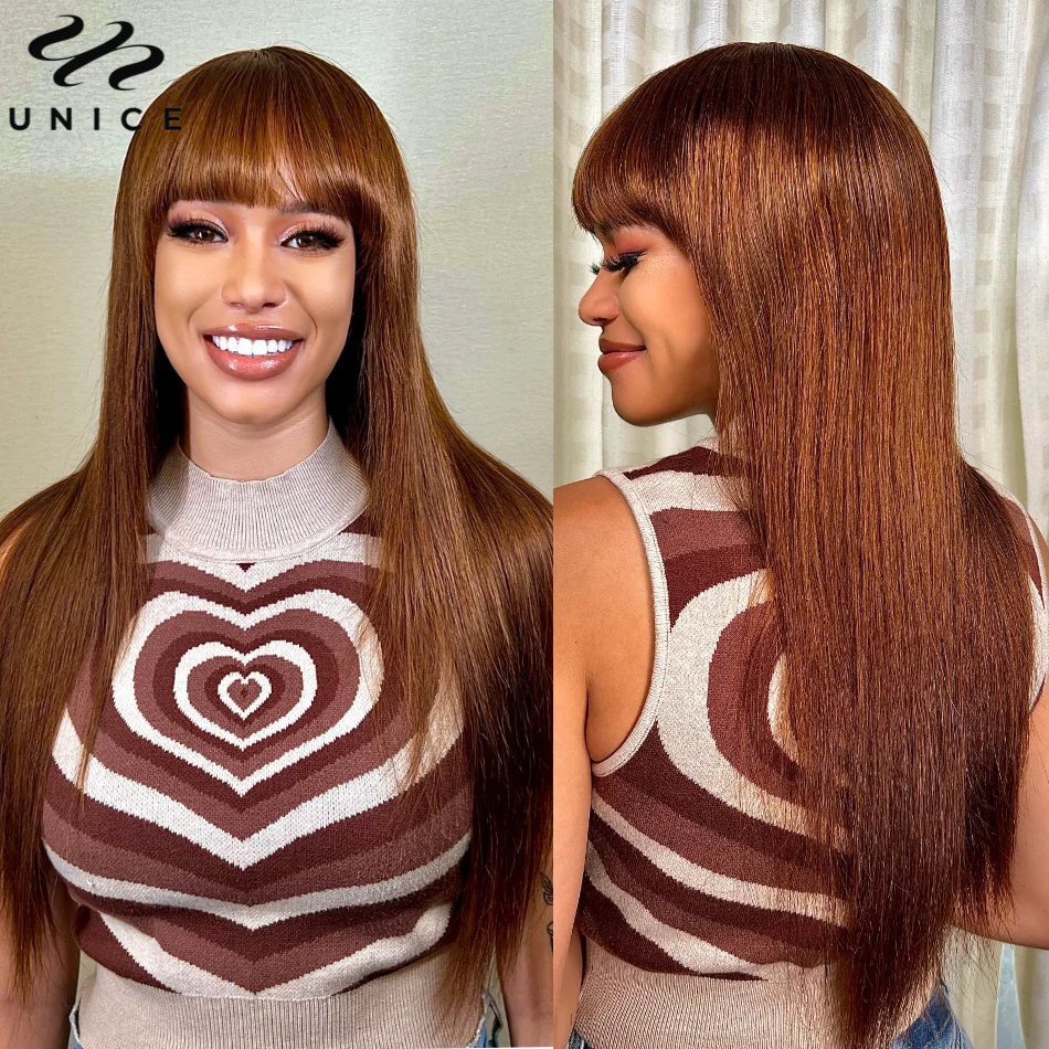 Top Trends: UNice Layer Cut Mocha Medium Brown Glueless Beginner Friendly Straight Wig With Bangs Wear And Go Cap Soft & Smooth Virgin Hair Shoppable Styles - Image 6