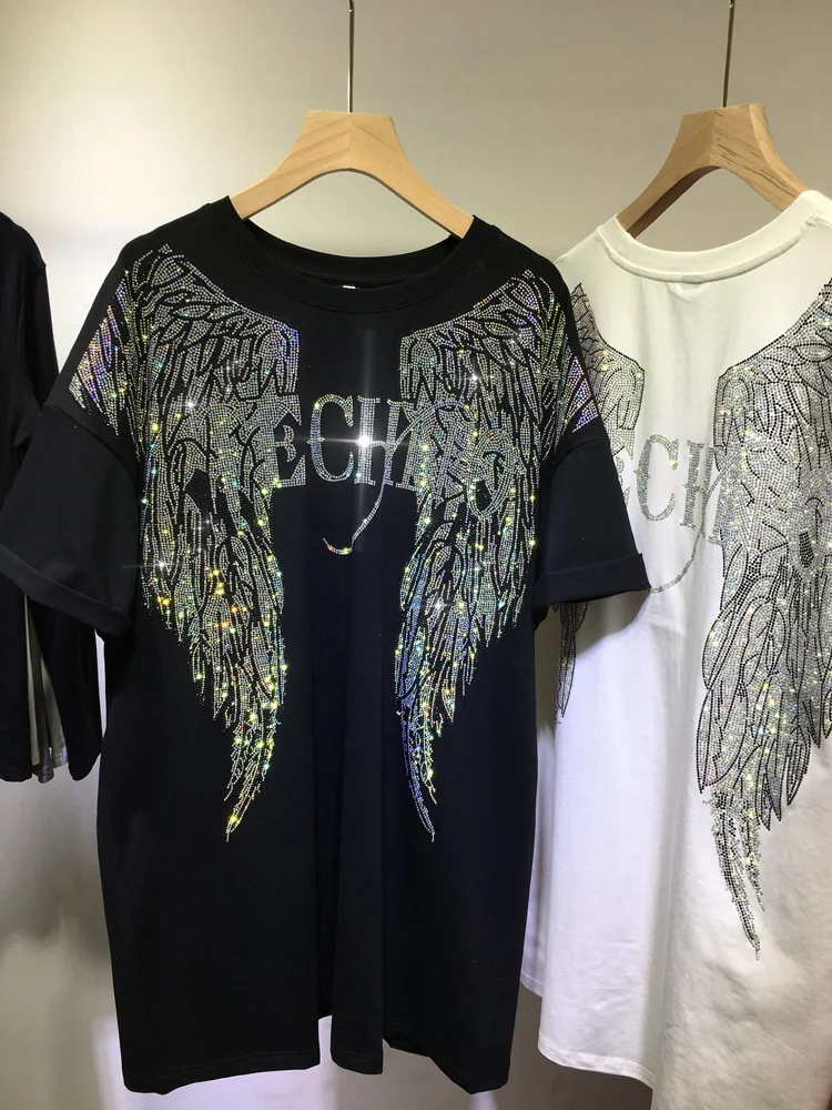 Top Trends: L-4XL Oversize Rhinestone Angel Wings Harley T Shirt Clothing For Women Men Hip Hop Streetwear Loose Short Sleeve Brand T-shirt Shoppable Styles