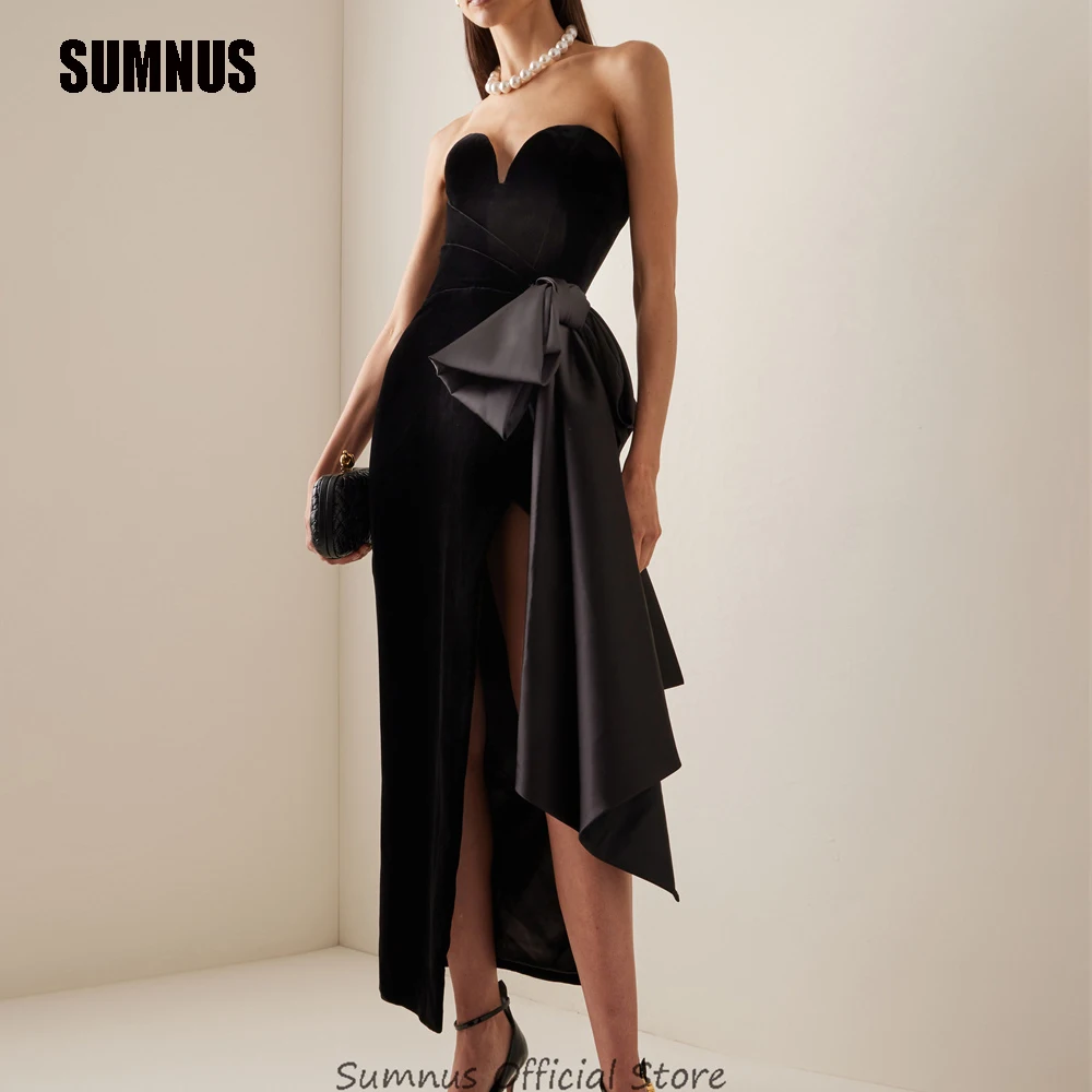 Top Trends: SUMNUS Black Velour Sweetheart Evening Party Dresses Modest Big Bow Strapless Side Split Simple Prom Dress Gowns Elegant Outfit Shoppable Styles