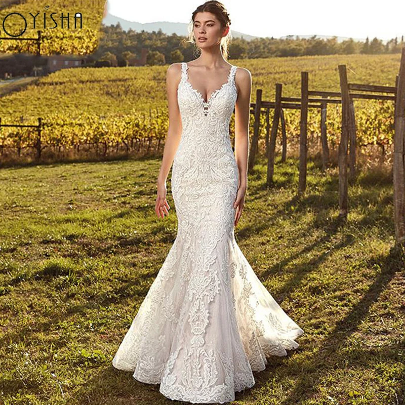 Top Trends: Oyisha New Sexy V-Neck Tulle Lace Bride Mermaid Wedding Dress Appliques Backless Sleeveless Customized Button Boho Sweep Train Shoppable Styles