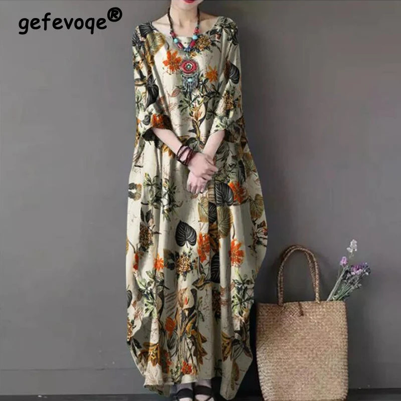 Top Trends: Vintage Floral Printed Ethnic Style Cotton Linen Oversized Maxi Dress Women Casual Irregular Half Sleeve Streetwear Dresses Robe Shoppable Styles