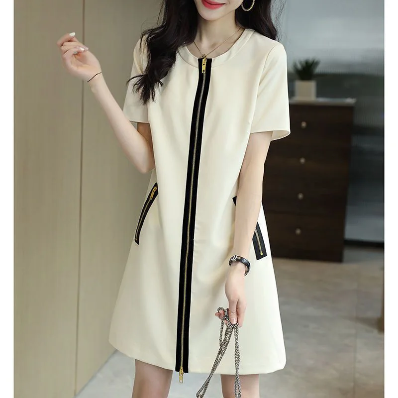 Top Trends: Fashion O-Neck Spliced Pockets Loose Zipper Korean Mini Dress Women Clothing 2023 Summer New Oversized Office Lady Prom Dresses Shoppable Styles