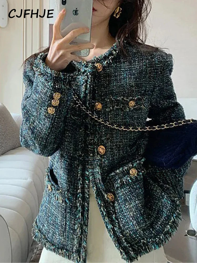 Top Trends: CJFHJE Autumn Winter Loose Retro Tweed Jackets Women Elegant Luxury Green Plaid Blazers Female Korean Fashion O-Neck Suit Coats Shoppable Styles