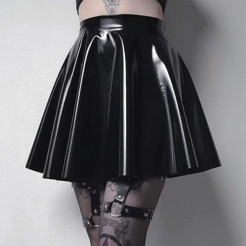 Top Trends: Women's Black PU Leather Pleated Skater Mini Skirt, Monochromatic, Short, Casual, Stretch, A-Line, Nightclub, Sexy, Summer Shoppable Styles