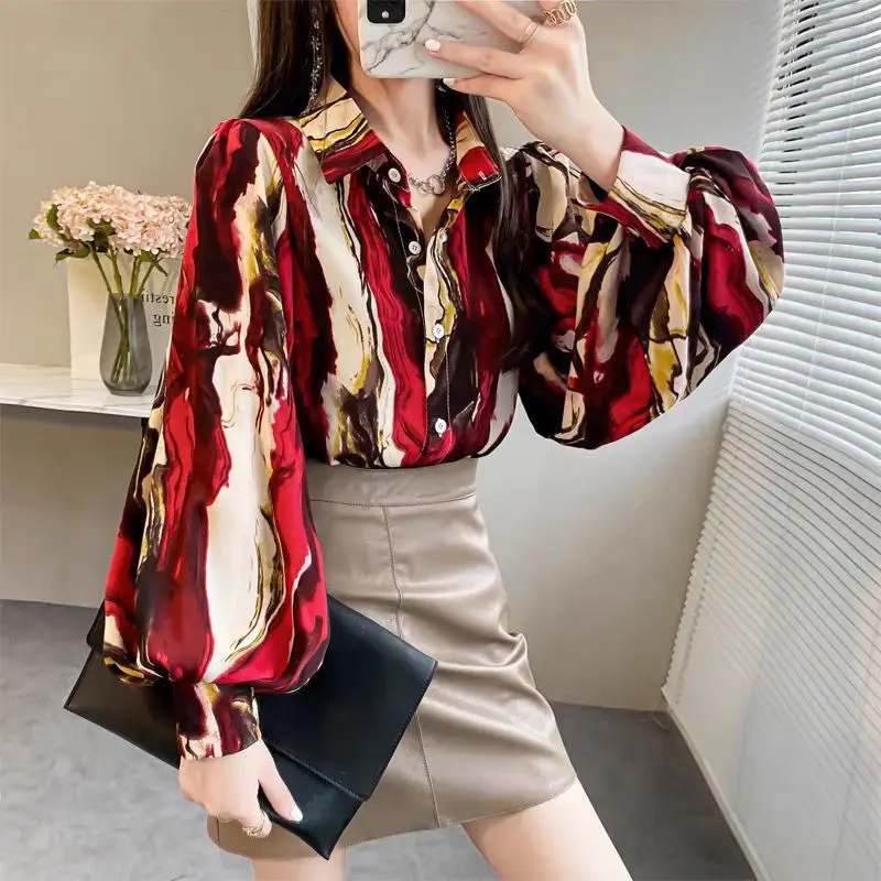 Top Trends: Women&#039;s Elegant Vintage Tie Dye Printed Lantern Sleeve Shirt Spring Autumn Casual Korean Turn-down Collar Blouse Female Clothing Shoppable Styles