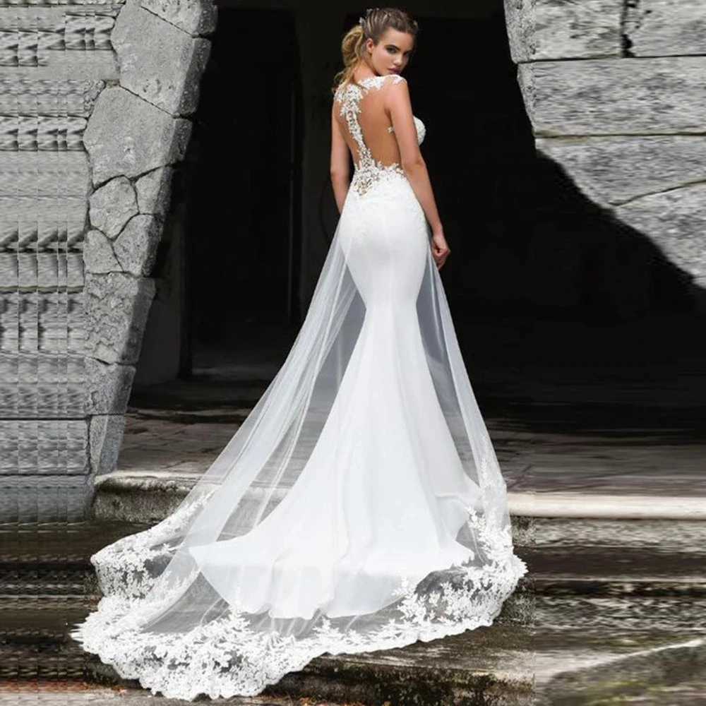 Top Trends: Mermaid Wedding Dresses 2023 Sexy V-neck Transparent Backless Lace Applique Beach Church Sweeping Train Bridal Gowns Vestidos De Shoppable Styles