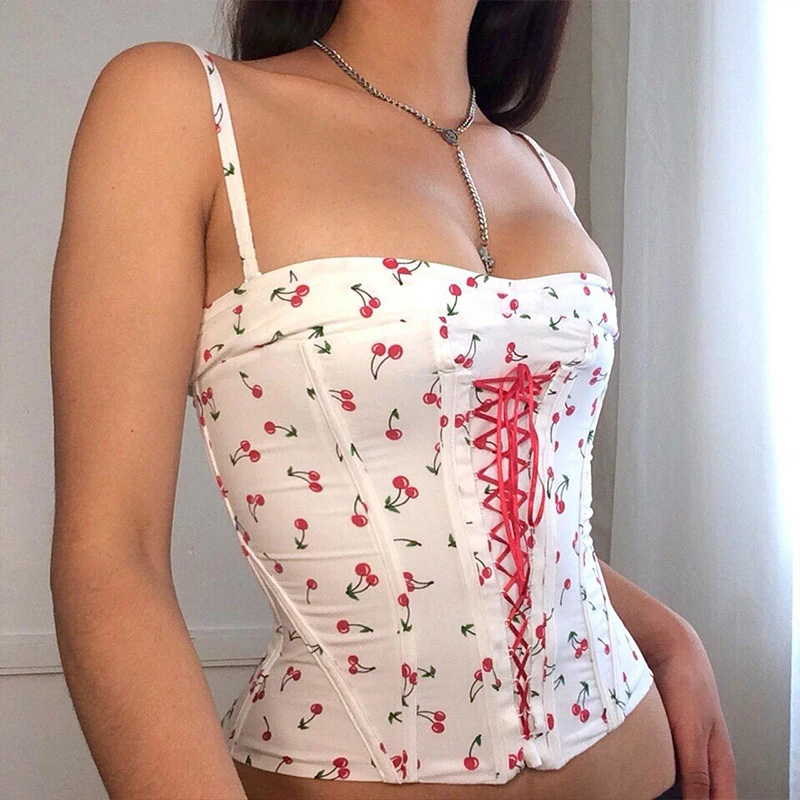 Top Trends: Dourbesty Kawaii Cute Cheery Print Camis Y2K Corset Top Women Bandage Spaghetti Strap Sleeveless Sexy Camisole Summer Streetwear Shoppable Styles