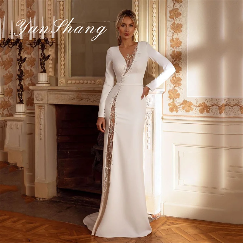 Top Trends: Yunshang Mermaid Wedding Dresses Women Illusion Back Lace O-Neck Long Sleeve Applique Bridal Gown Sweep Train Vestidos De Novia Shoppable Styles